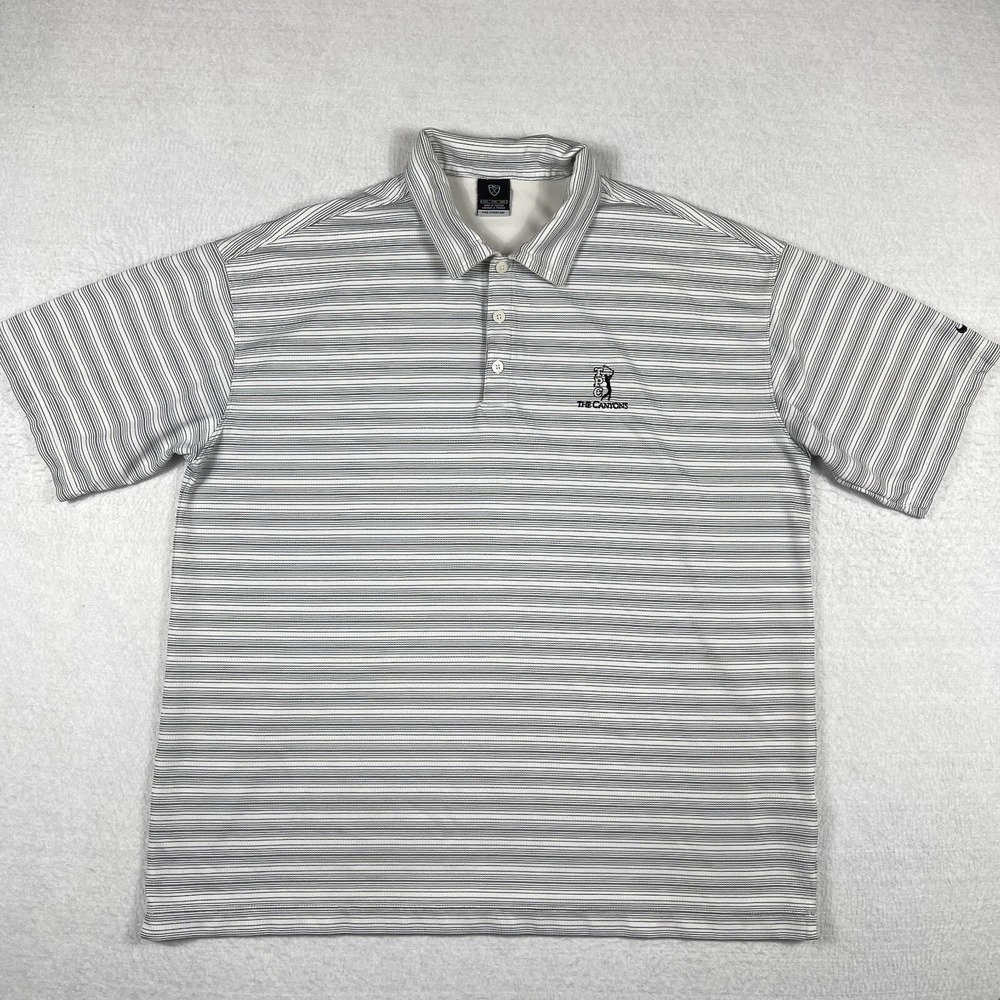 Nike Golf‎ Polo Mens XXL White Gray Striped TPC The Canyons Sphere Dry Sporty
